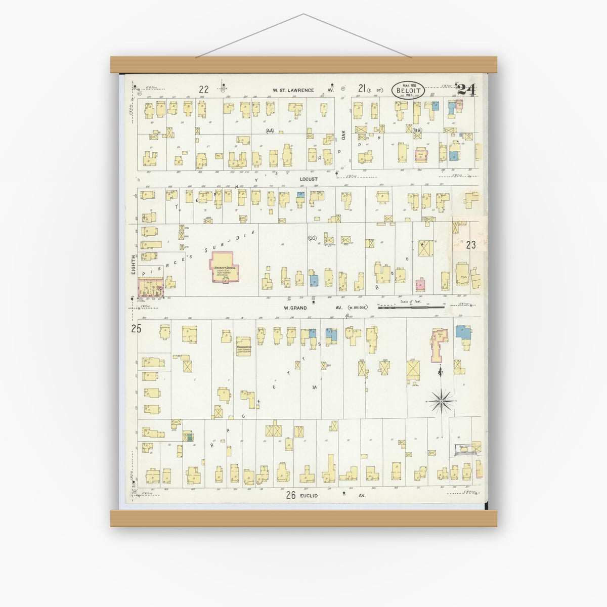 Old map wall art mockup — magnetic wood frame on white wall — Sanborn Fire Insurance Map from Beloit, Rock County, Wisconsin (1908), Sheet #0024