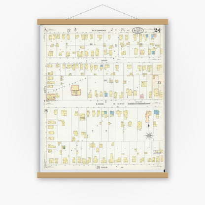Old map wall art mockup — magnetic wood frame on white wall — Sanborn Fire Insurance Map from Beloit, Rock County, Wisconsin (1908), Sheet #0024