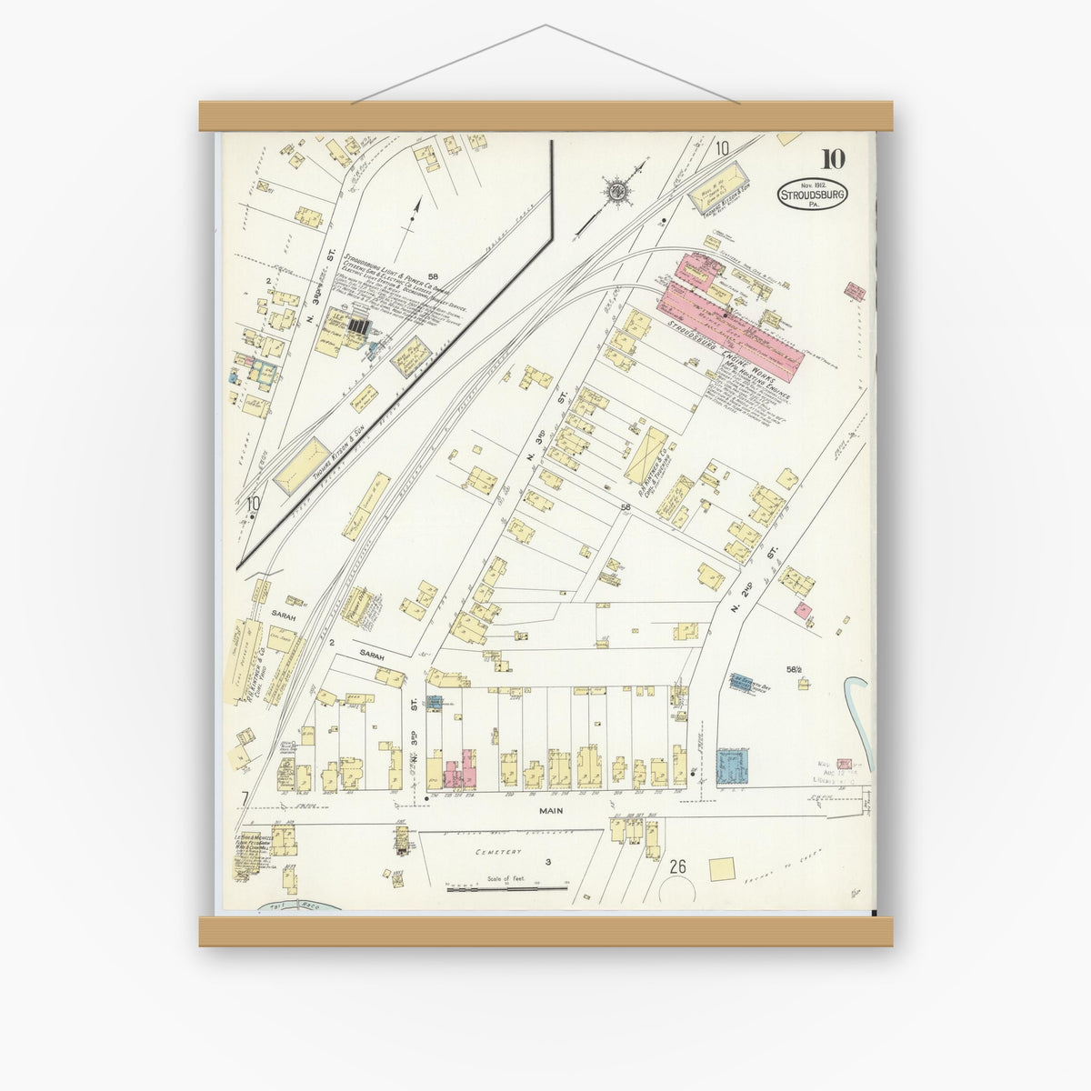 Old map wall art mockup — magnetic wood frame on white wall — Sanborn Fire Insurance Map from Stroudsburg, Monroe County, Pennsylvania (1912), Sheet #0010