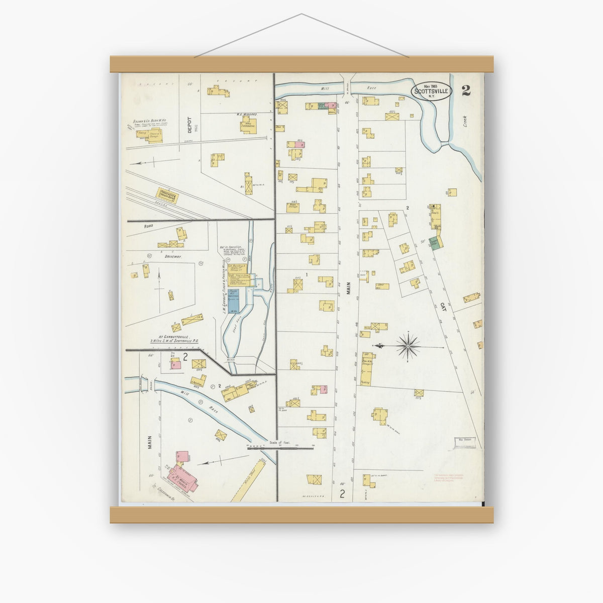 Old map wall art mockup — magnetic wood frame on white wall — Sanborn Fire Insurance Map from Scottsville, Monroe County, New York (1903), Sheet #0002