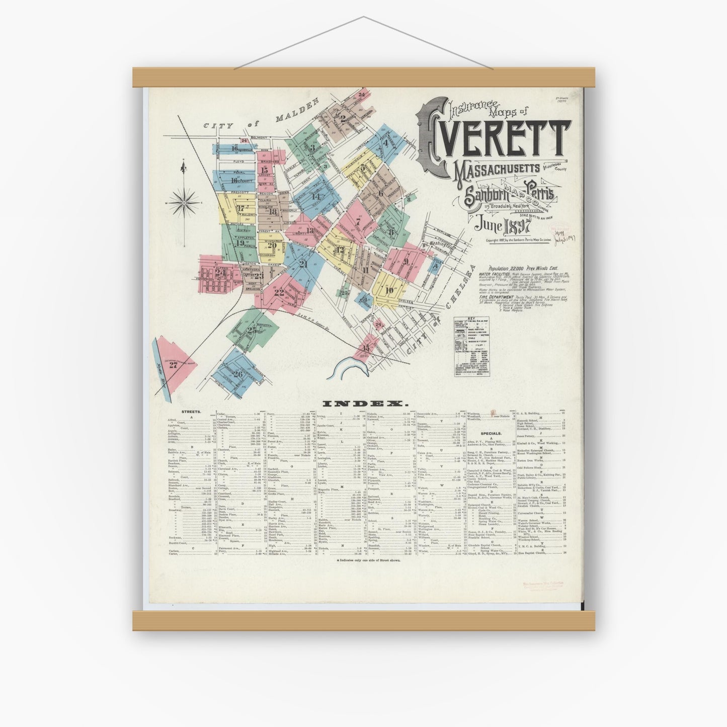 Old map wall art mockup — magnetic wood frame on white wall — Sanborn Fire Insurance Map from Everett, Middlesex County, Massachusetts (1897) - Complete Map Set