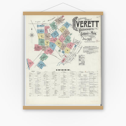 Old map wall art mockup — magnetic wood frame on white wall — Sanborn Fire Insurance Map from Everett, Middlesex County, Massachusetts (1897) - Complete Map Set