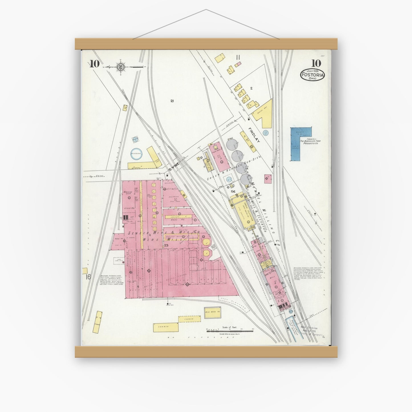 Old map wall art mockup — magnetic wood frame on white wall — Sanborn Fire Insurance Map from Fostoria, Seneca, Hancock, And Wood Counties, Ohio (1924), Sheet #0010
