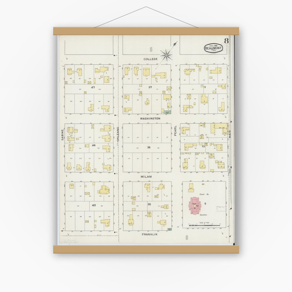 Old map wall art mockup — magnetic wood frame on white wall — Sanborn Fire Insurance Map from Beaumont, Jefferson County, Texas (1894), Sheet #0008