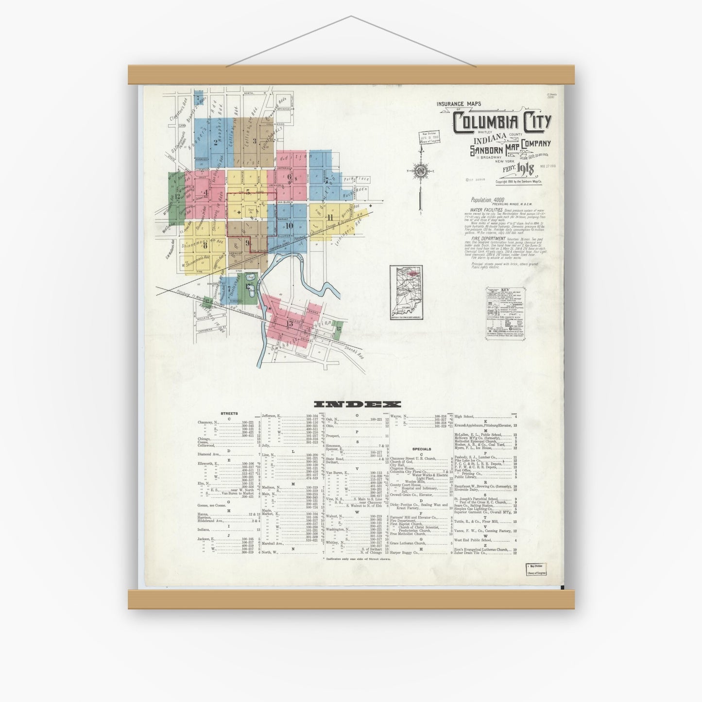 Old map wall art mockup — magnetic wood frame on white wall — Sanborn Fire Insurance Map from Columbia City, Whitley County, Indiana (1918) - Complete Map Set