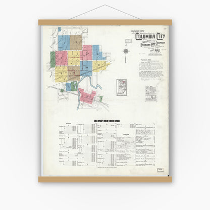 Old map wall art mockup — magnetic wood frame on white wall — Sanborn Fire Insurance Map from Columbia City, Whitley County, Indiana (1918) - Complete Map Set