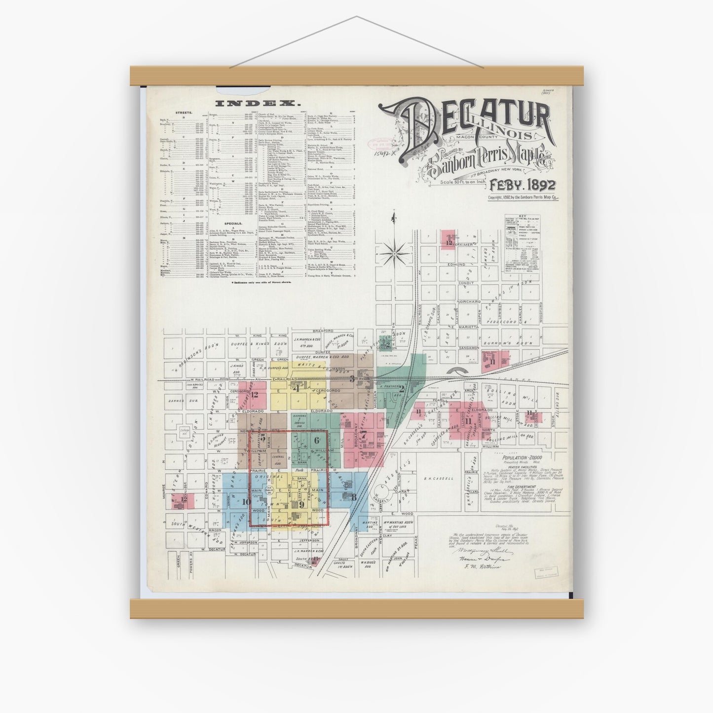 Old map wall art mockup — magnetic wood frame on white wall — Sanborn Fire Insurance Map from Decatur, Macon County, Illinois (1892), Sheet #0001