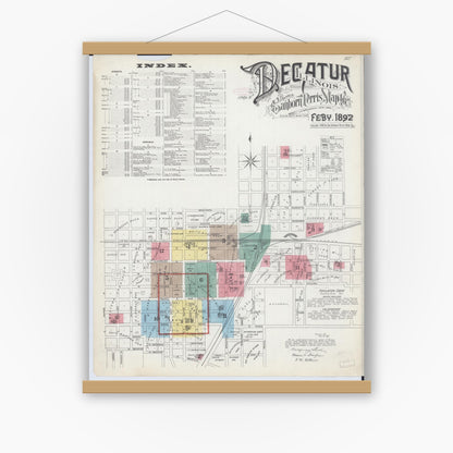 Old map wall art mockup — magnetic wood frame on white wall — Sanborn Fire Insurance Map from Decatur, Macon County, Illinois (1892), Sheet #0001
