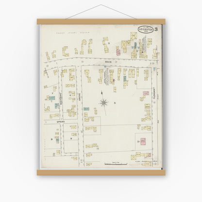Old map wall art mockup — magnetic wood frame on white wall — Sanborn Fire Insurance Map from Leicester, Worcester County, Massachusetts (1888), Sheet #0003