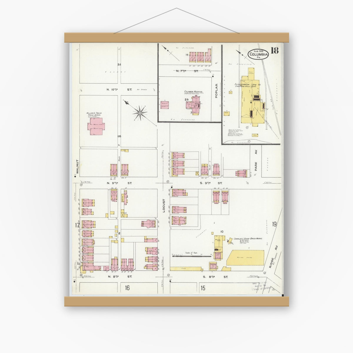 Old map wall art mockup — magnetic wood frame on white wall — Sanborn Fire Insurance Map from Columbia, Lancaster County, Pennsylvania (1909), Sheet #0018