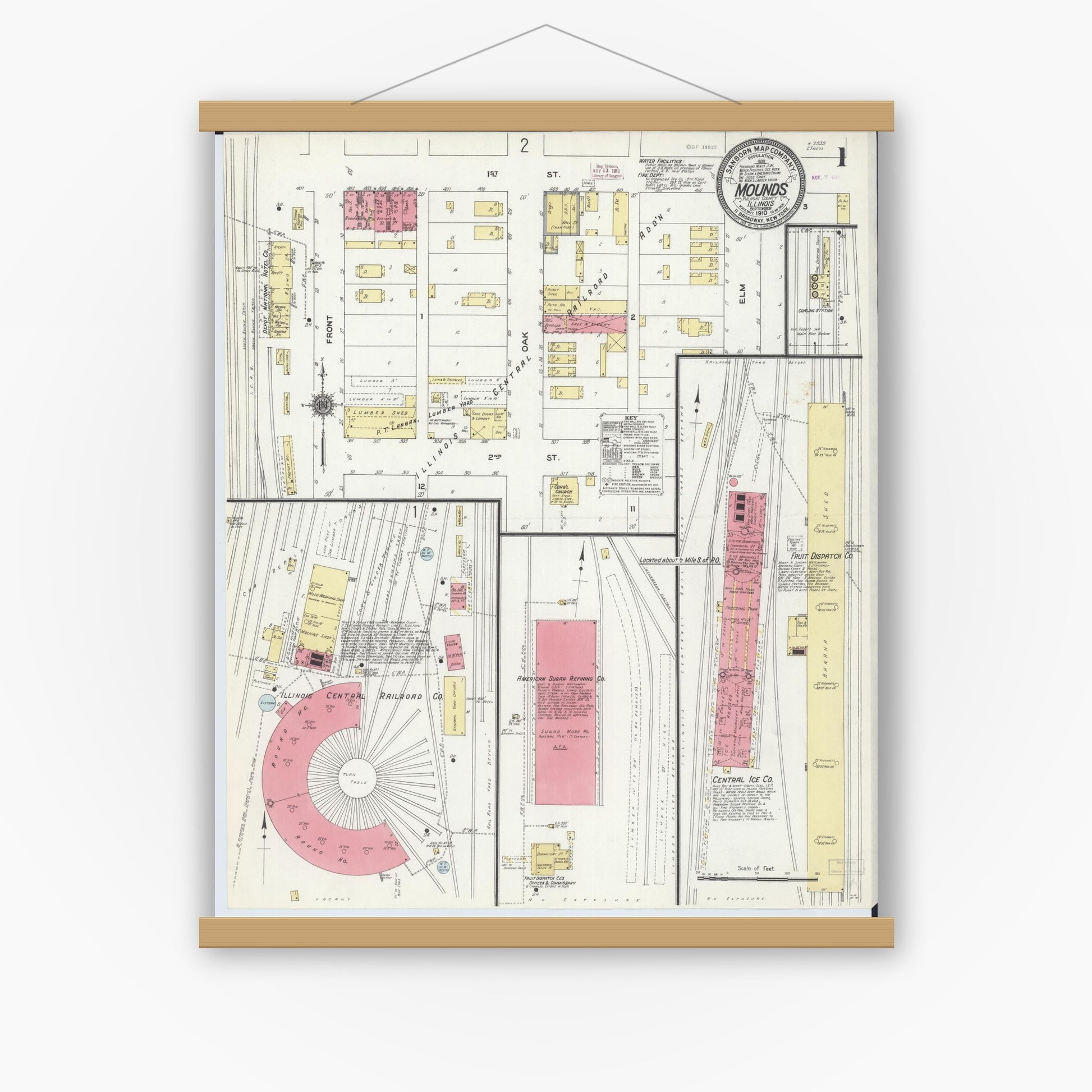 Old map wall art mockup — magnetic wood frame on white wall — Sanborn Fire Insurance Map from Mounds, Pulaski County, Illinois (1910) - Complete Map Set