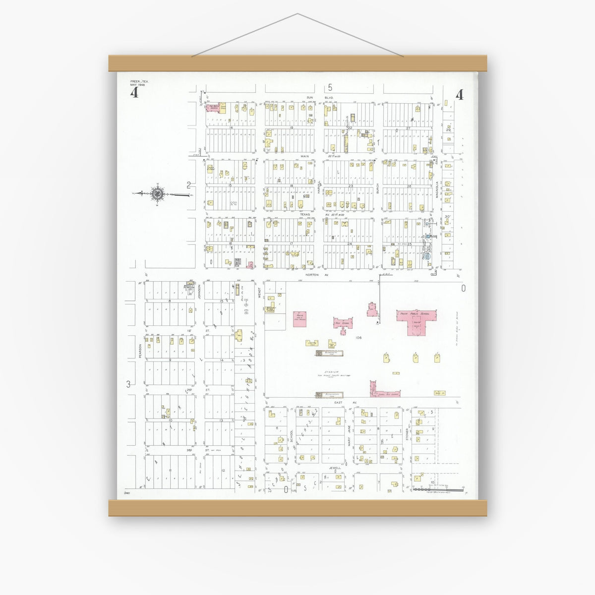 Old map wall art mockup — magnetic wood frame on white wall — Sanborn Fire Insurance Map from Freer, Duval County, Texas (1948), Sheet #0004