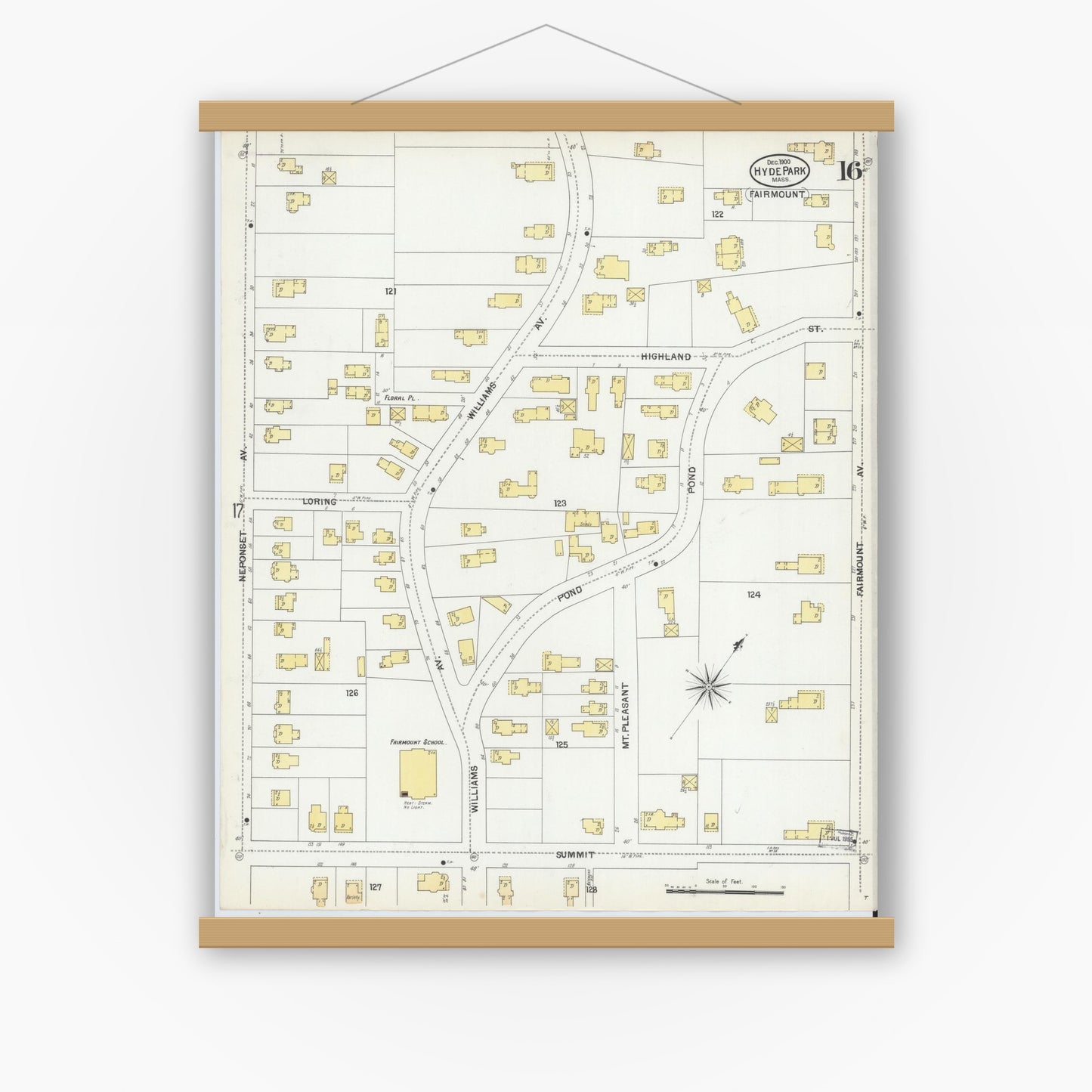 Old map wall art mockup — magnetic wood frame on white wall — Sanborn Fire Insurance Map from Hyde Park, Norfolk County, Massachusetts (1900), Sheet #0016