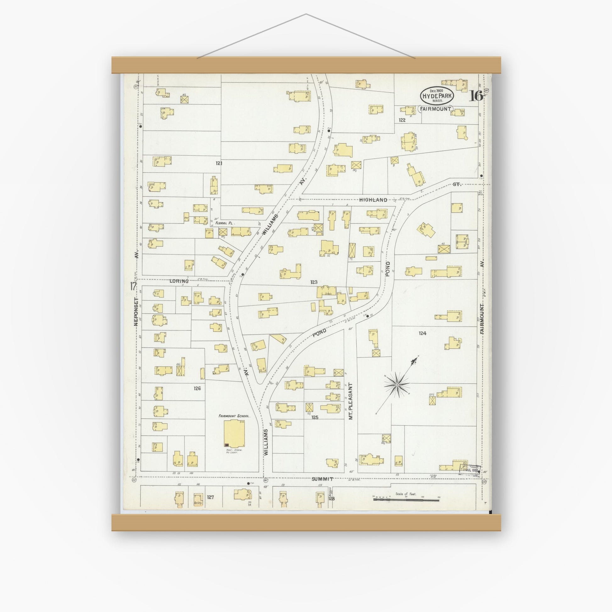 Old map wall art mockup — magnetic wood frame on white wall — Sanborn Fire Insurance Map from Hyde Park, Norfolk County, Massachusetts (1900), Sheet #0016