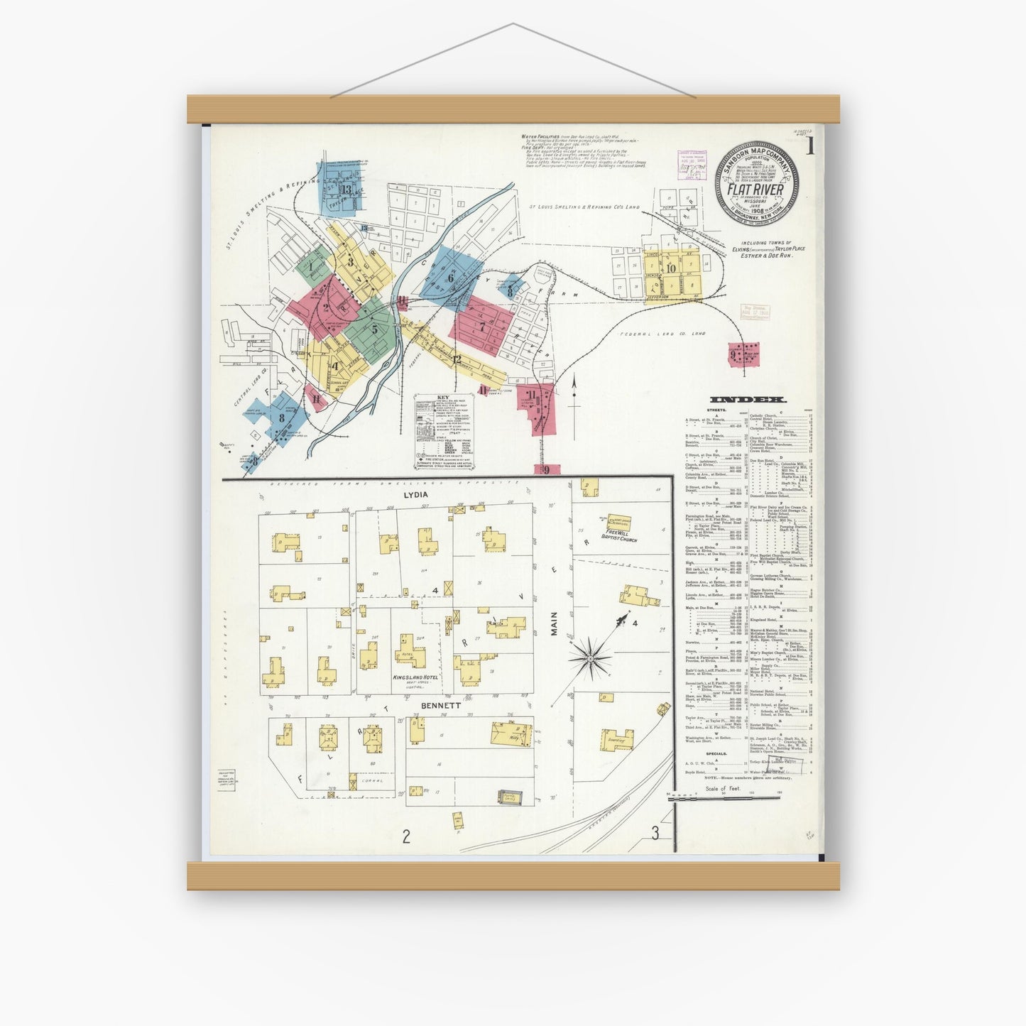 Old map wall art mockup — magnetic wood frame on white wall — Sanborn Fire Insurance Map from Flat River, Saint Francois County, Missouri (1908) - Complete Map Set