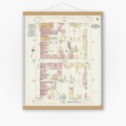 Old map wall art mockup — magnetic wood frame on white wall — Sanborn Fire Insurance Map from Washington, Washington County, Pennsylvania (1914), Sheet #0009