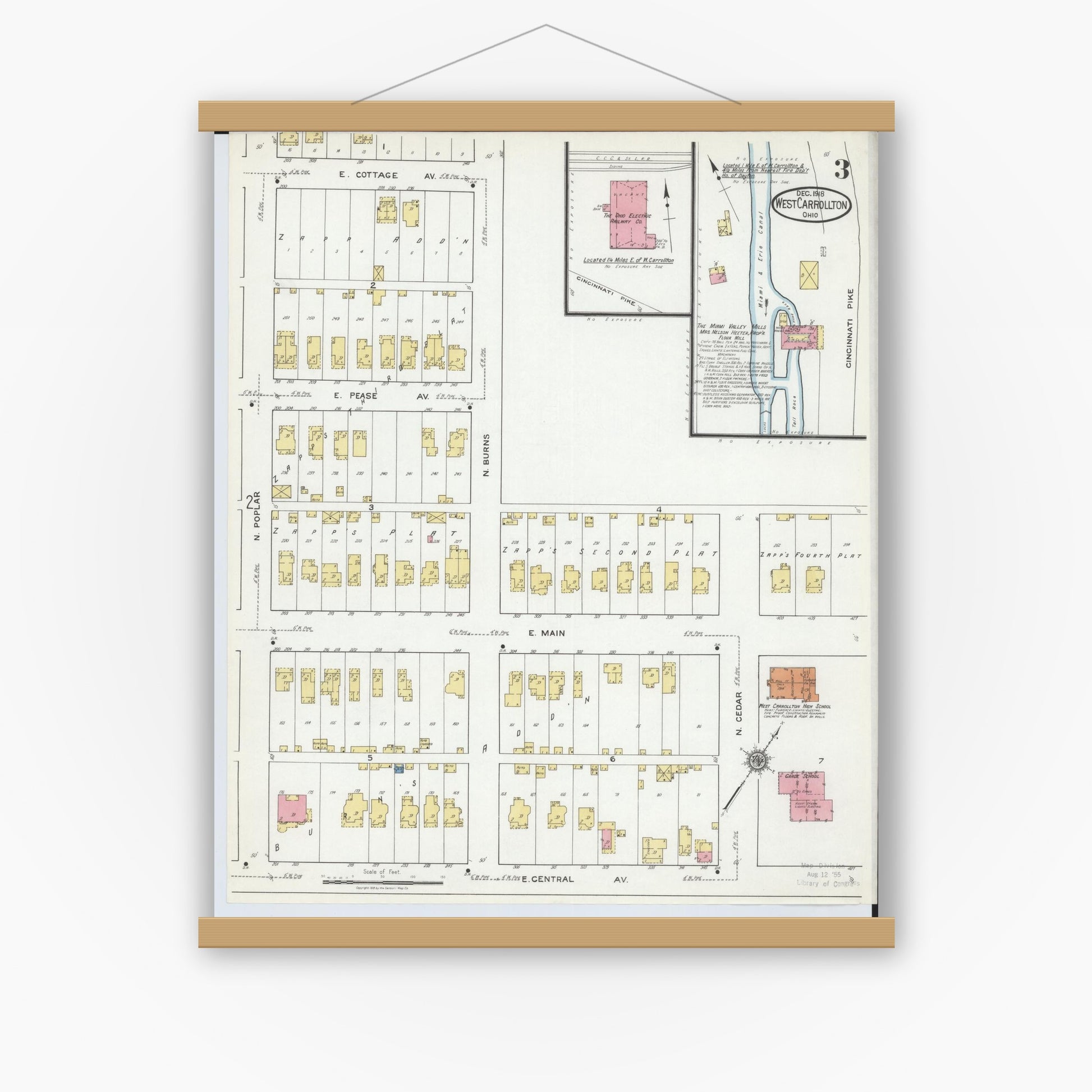 Old map wall art mockup — magnetic wood frame on white wall — Sanborn Fire Insurance Map from West Carrollton, Montgomery County, Ohio (1918), Sheet #0003