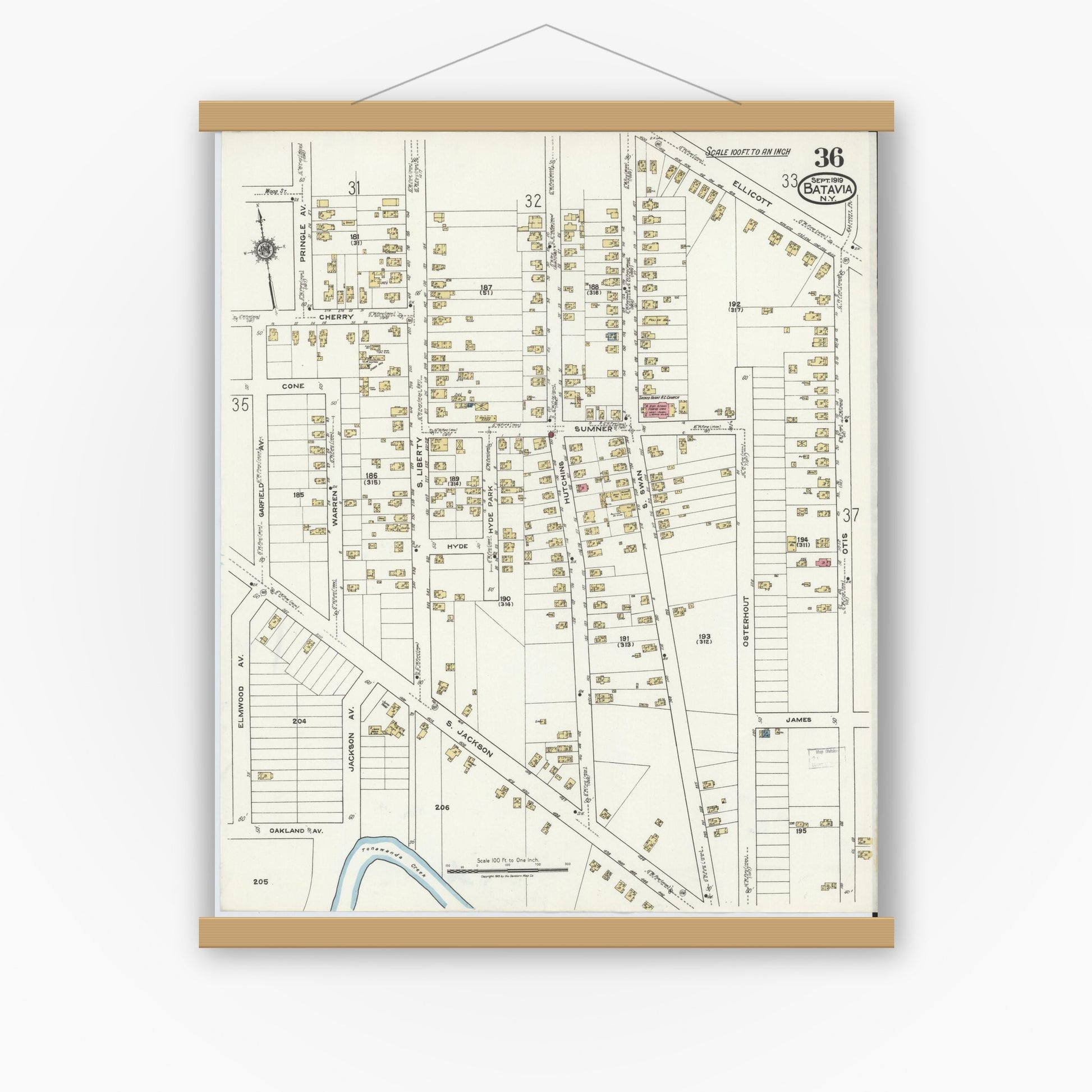 Old map wall art mockup — magnetic wood frame on white wall — Sanborn Fire Insurance Map from Batavia, Genesee County, New York (1919), Sheet #0036