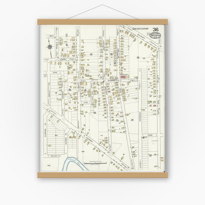 Old map wall art mockup — magnetic wood frame on white wall — Sanborn Fire Insurance Map from Batavia, Genesee County, New York (1919), Sheet #0036