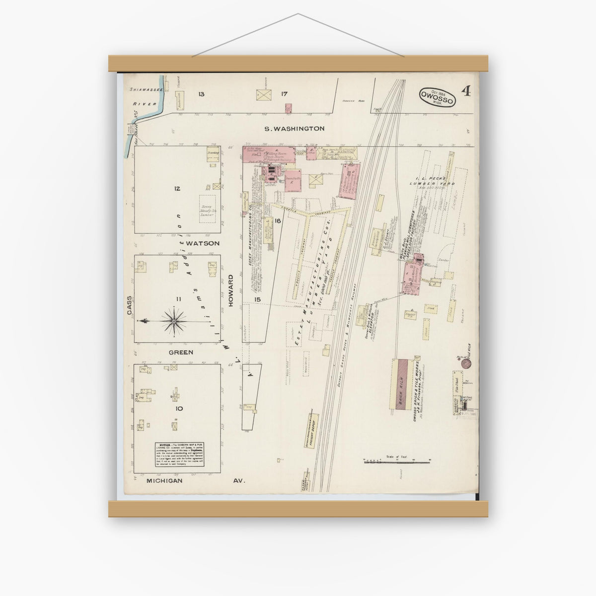 Old map wall art mockup — magnetic wood frame on white wall — Sanborn Fire Insurance Map from Owosso, Shiawassee County, Michigan (1884), Sheet #0004