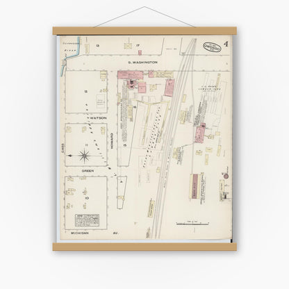 Old map wall art mockup — magnetic wood frame on white wall — Sanborn Fire Insurance Map from Owosso, Shiawassee County, Michigan (1884), Sheet #0004