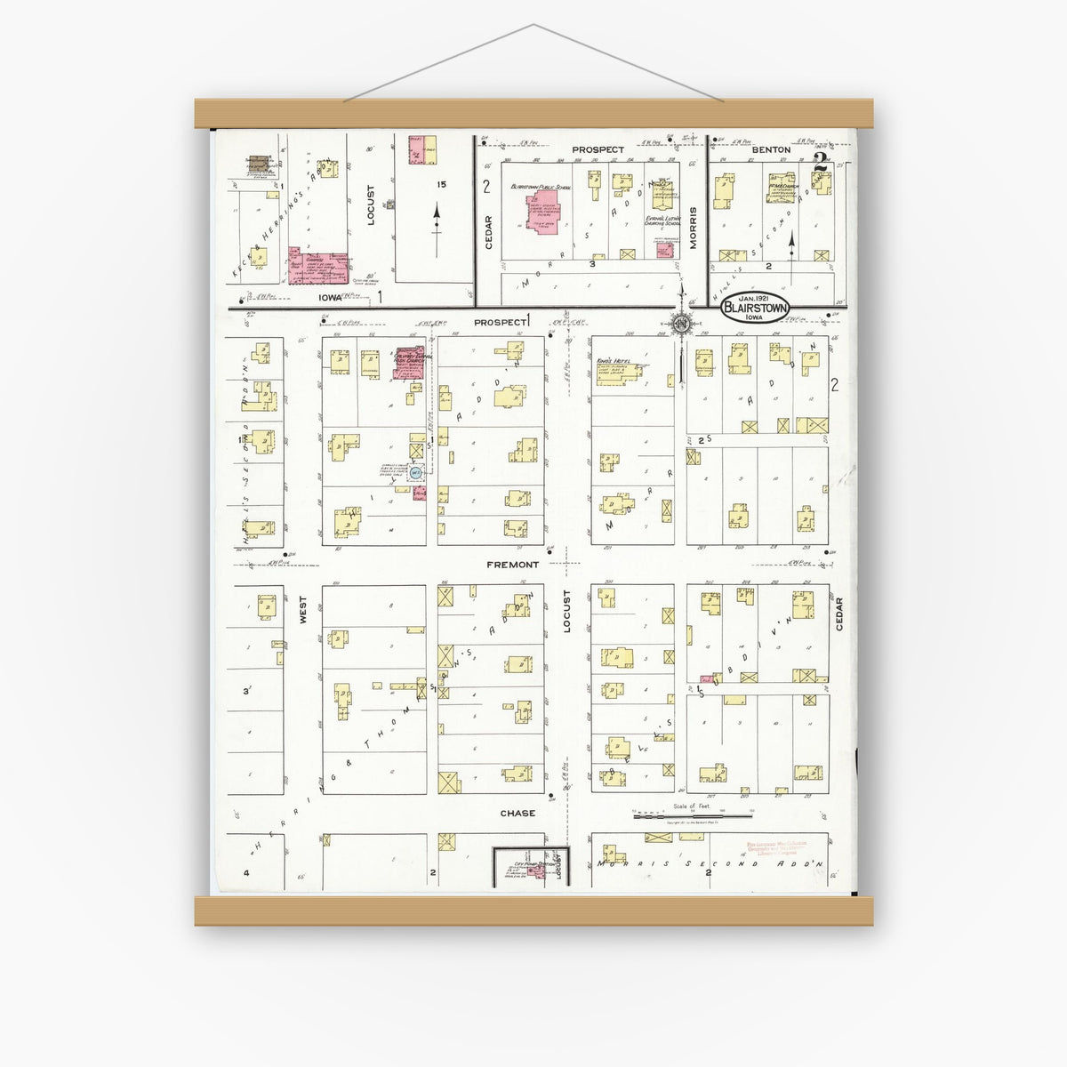 Old map wall art mockup — magnetic wood frame on white wall — Sanborn Fire Insurance Map from Blairstown, Benton County, Iowa (1921), Sheet #0002