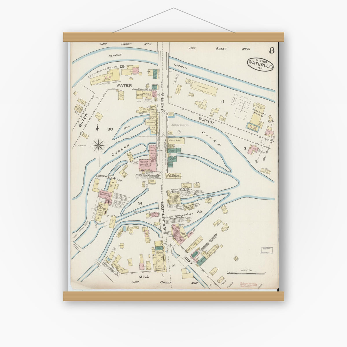 Old map wall art mockup — magnetic wood frame on white wall — Sanborn Fire Insurance Map from Waterloo, Seneca County, New York (1886), Sheet #0008