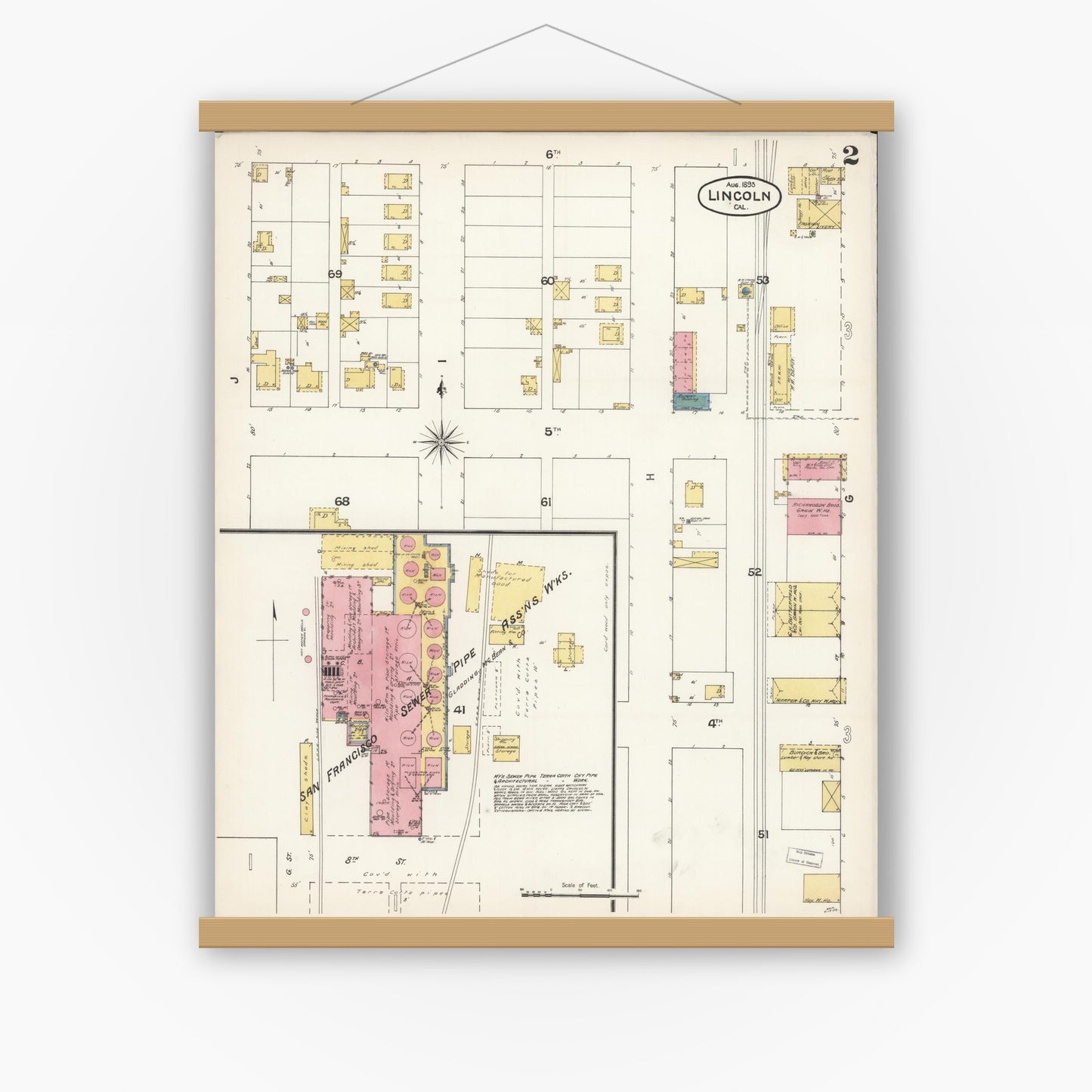 Old map wall art mockup — magnetic wood frame on white wall — Sanborn Fire Insurance Map from Lincoln, Placer County, California (1893), Sheet #0002