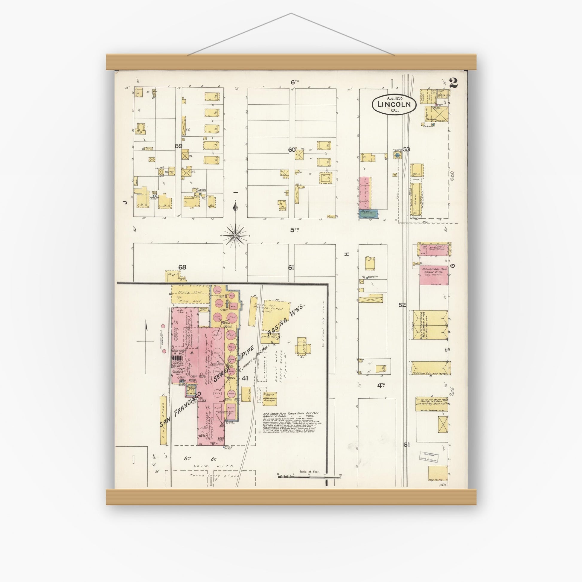 Old map wall art mockup — magnetic wood frame on white wall — Sanborn Fire Insurance Map from Lincoln, Placer County, California (1893), Sheet #0002