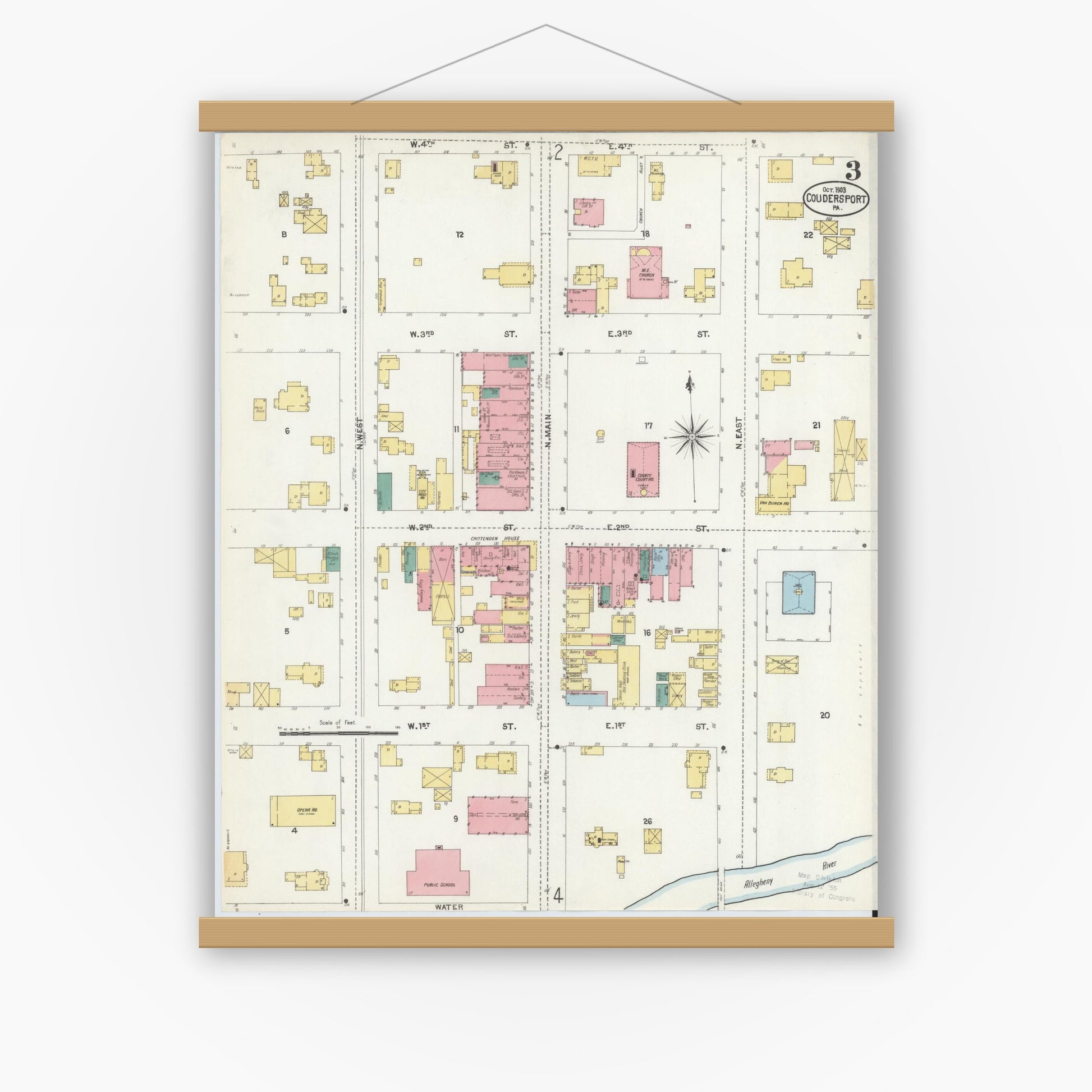 Old map wall art mockup — magnetic wood frame on white wall — Sanborn Fire Insurance Map from Coudersport, Potter County, Pennsylvania (1903), Sheet #0003