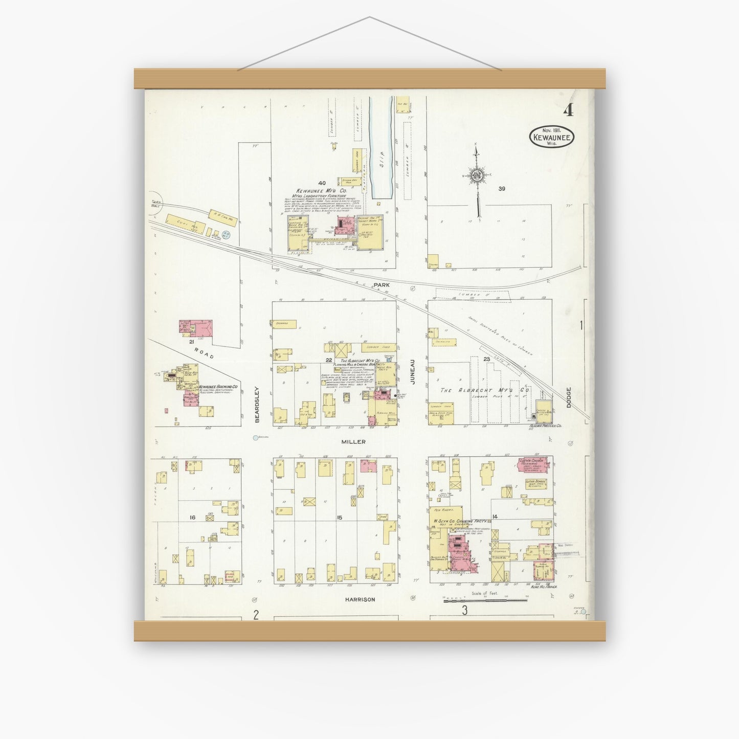 Old map wall art mockup — magnetic wood frame on white wall — Sanborn Fire Insurance Map from Kewaunee, Kewaunee County, Wisconsin (1911), Sheet #0004