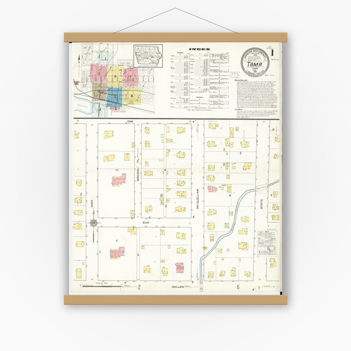 Old map wall art mockup — magnetic wood frame on white wall — Sanborn Fire Insurance Map from Tama, Tama County, Iowa (1915) â€” Complete Set