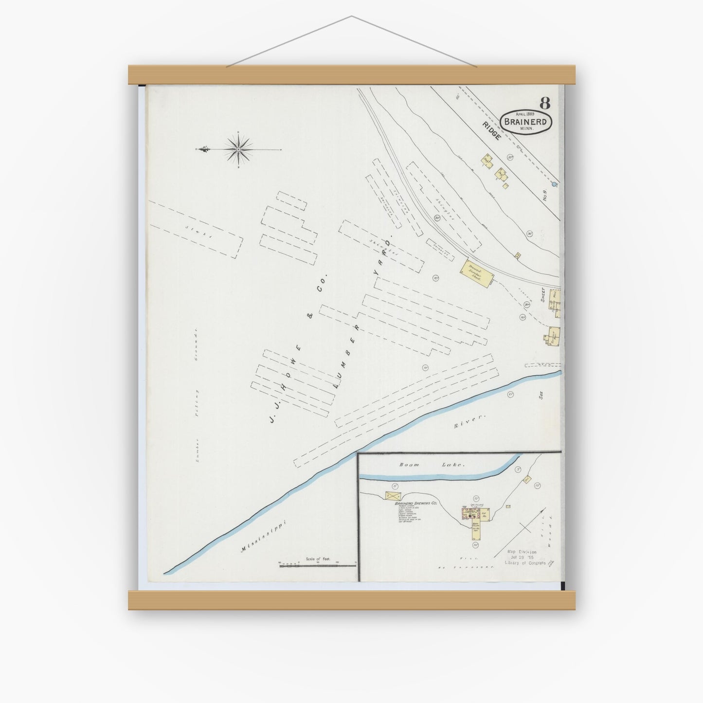 Old map wall art mockup — magnetic wood frame on white wall — Sanborn Fire Insurance Map from Brainerd, Crow Wing County, Minnesota (1889), Sheet #0008