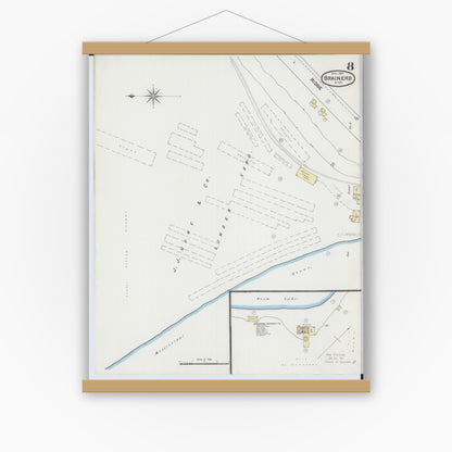 Old map wall art mockup — magnetic wood frame on white wall — Sanborn Fire Insurance Map from Brainerd, Crow Wing County, Minnesota (1889), Sheet #0008