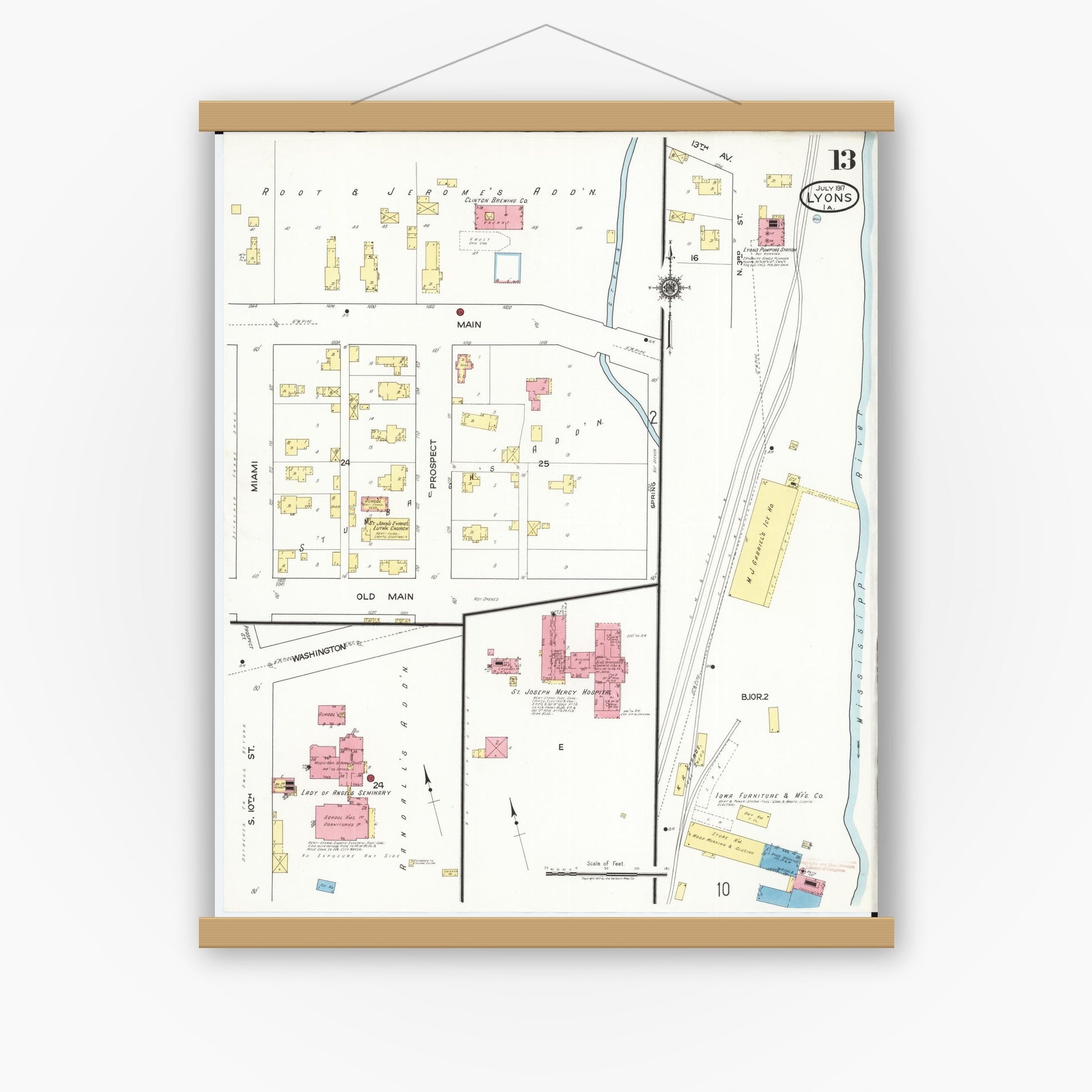 Old map wall art mockup — magnetic wood frame on white wall — Sanborn Fire Insurance Map from Lyons, Clinton County, Iowa (1917), Sheet #0013
