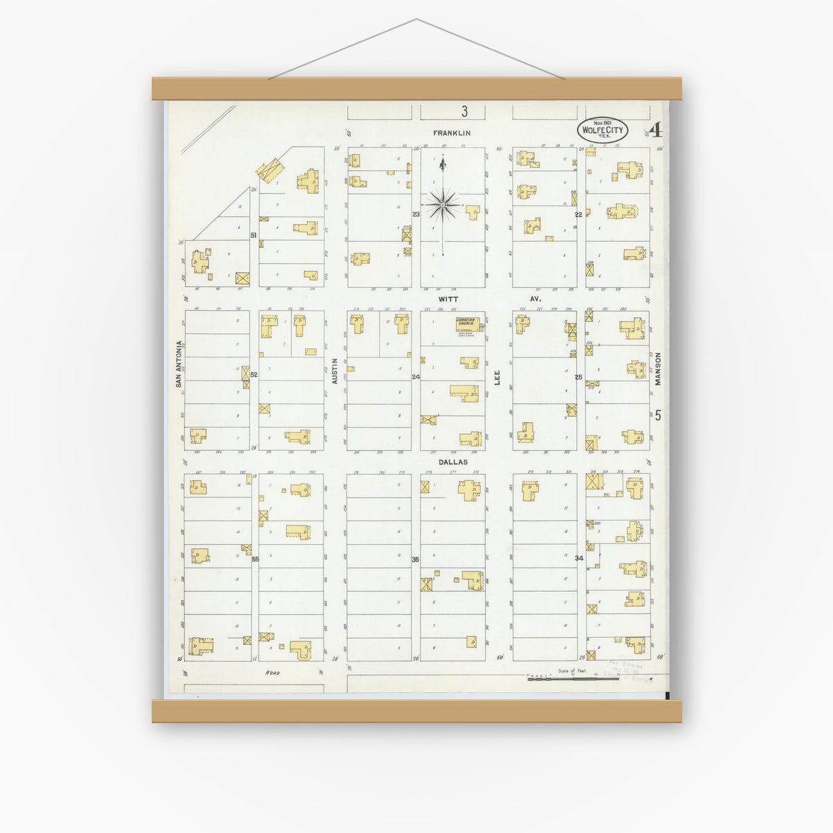 Old map wall art mockup — magnetic wood frame on white wall — Sanborn Fire Insurance Map from Wolfe City, Hunt County, Texas (1901), Sheet #0004