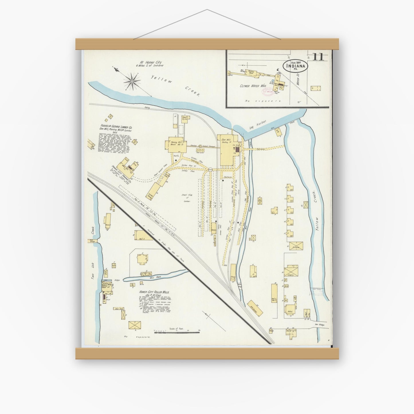 Old map wall art mockup — magnetic wood frame on white wall — Sanborn Fire Insurance Map from Indiana, Indiana County, Pennsylvania (1888), Sheet #0011