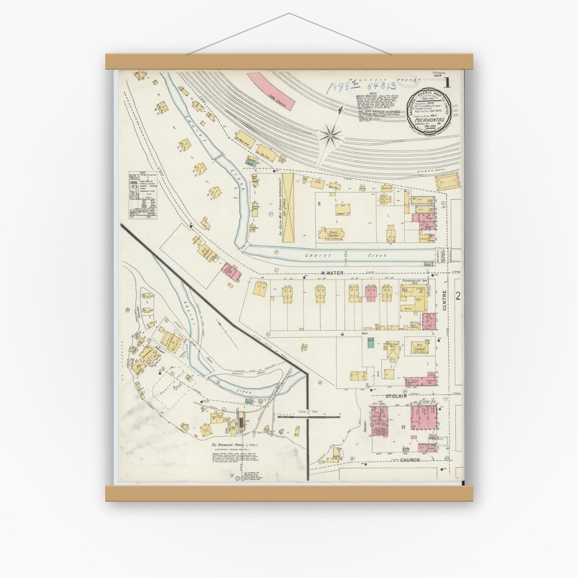 Old map wall art mockup — magnetic wood frame on white wall — Sanborn Fire Insurance Map from Pocahontas, Tazewell County, Virginia (1898) - Complete Map Set