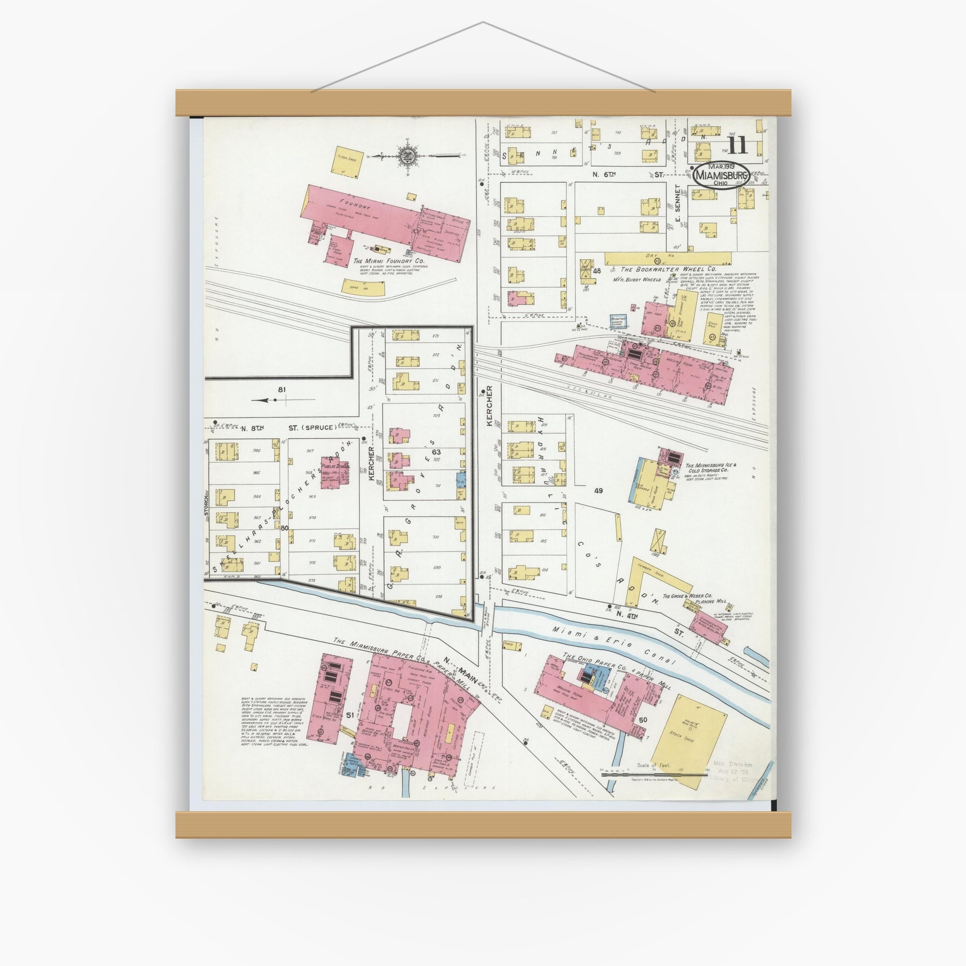 Old map wall art mockup — magnetic wood frame on white wall — Sanborn Fire Insurance Map from Miamisburg, Montgomery County, Ohio (1919), Sheet #0011