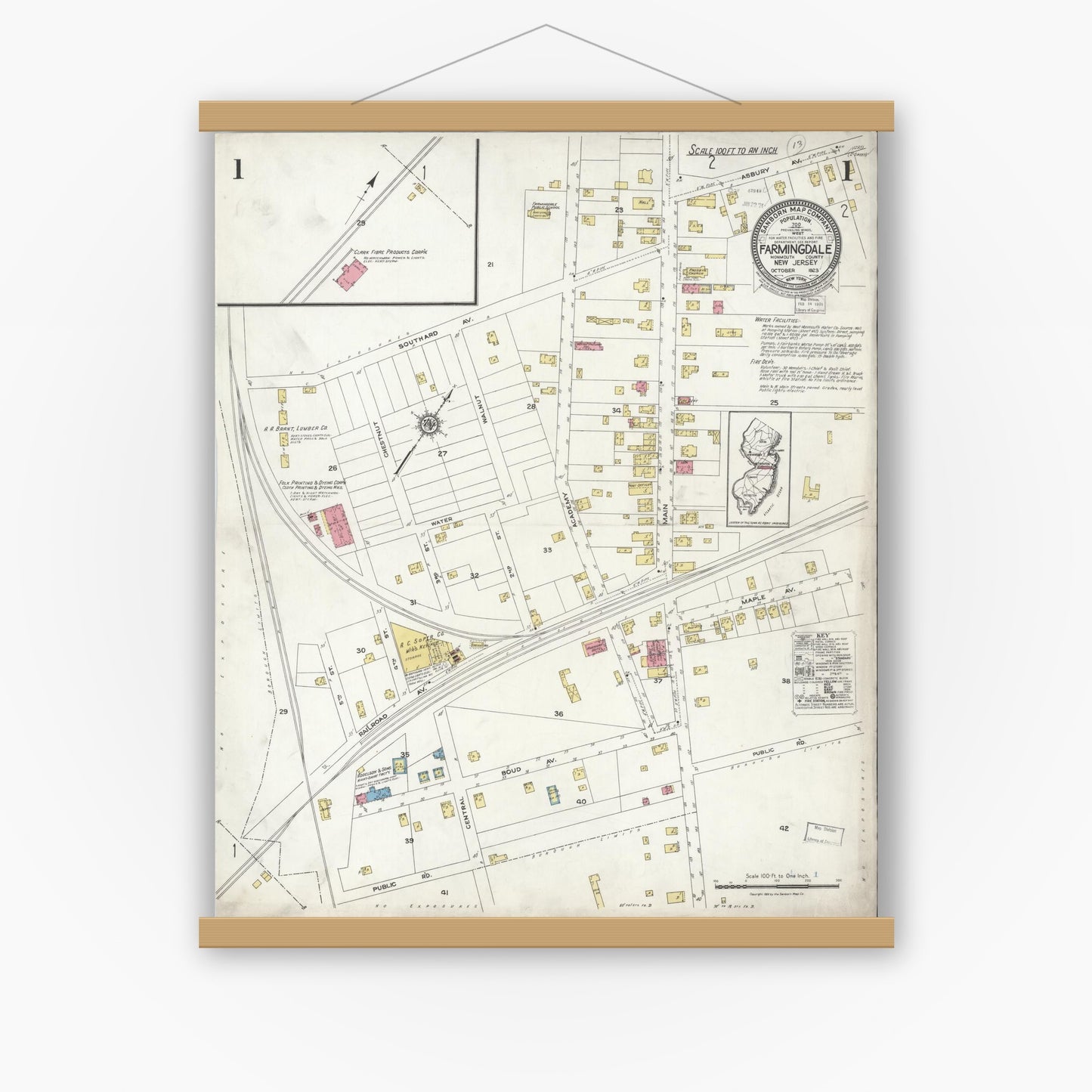 Old map wall art mockup — magnetic wood frame on white wall — Sanborn Fire Insurance Map from Farmingdale, Monmouth County, New Jersey (1923), Sheet #0001
