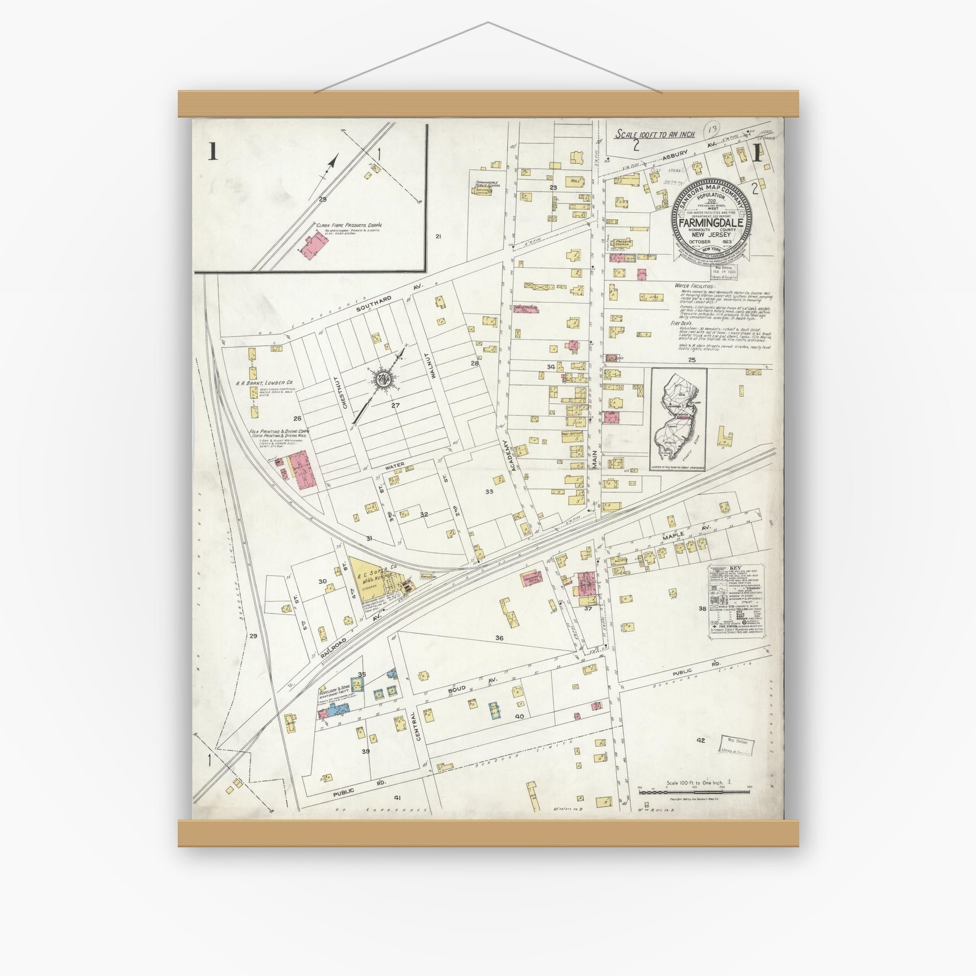 Old map wall art mockup — magnetic wood frame on white wall — Sanborn Fire Insurance Map from Farmingdale, Monmouth County, New Jersey (1923), Sheet #0001