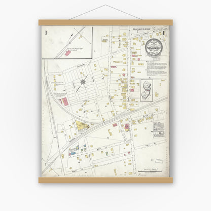 Old map wall art mockup — magnetic wood frame on white wall — Sanborn Fire Insurance Map from Farmingdale, Monmouth County, New Jersey (1923), Sheet #0001