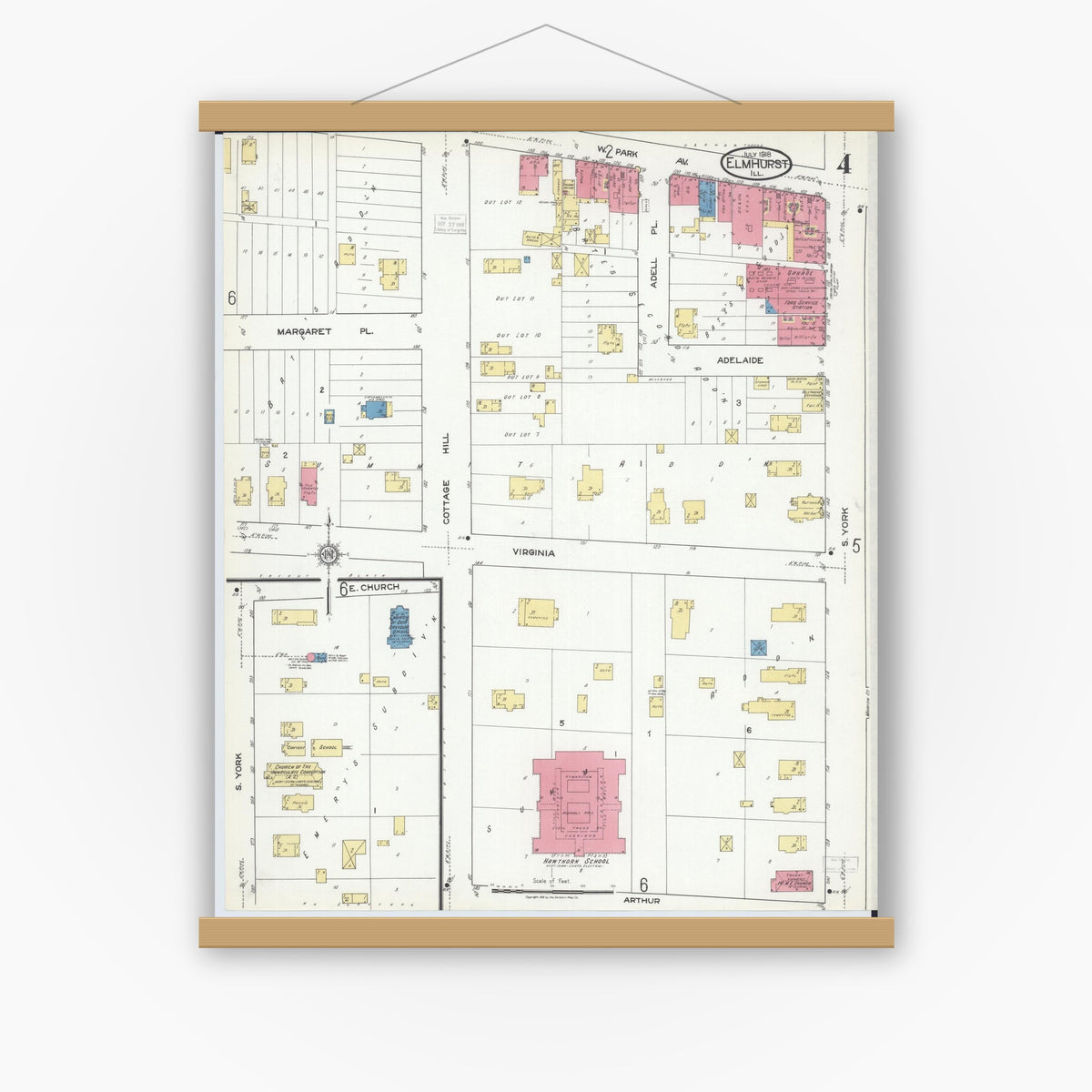 Old map wall art mockup — magnetic wood frame on white wall — Sanborn Fire Insurance Map from Elmhurst, Du Page County, Illinois (1918), Sheet #0004