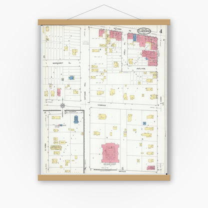 Old map wall art mockup — magnetic wood frame on white wall — Sanborn Fire Insurance Map from Elmhurst, Du Page County, Illinois (1918), Sheet #0004