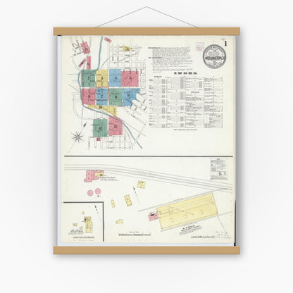 Old map wall art mockup — magnetic wood frame on white wall — Sanborn Fire Insurance Map from Washington Court House, Fayette County, Ohio (1907), Sheet #0001