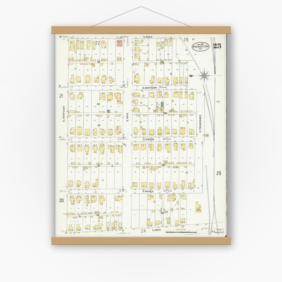 Old map wall art mockup — magnetic wood frame on white wall — Sanborn Fire Insurance Map from Princeton, Gibson County, Indiana (1907), Sheet #0023