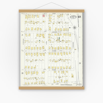 Old map wall art mockup — magnetic wood frame on white wall — Sanborn Fire Insurance Map from Princeton, Gibson County, Indiana (1907), Sheet #0023