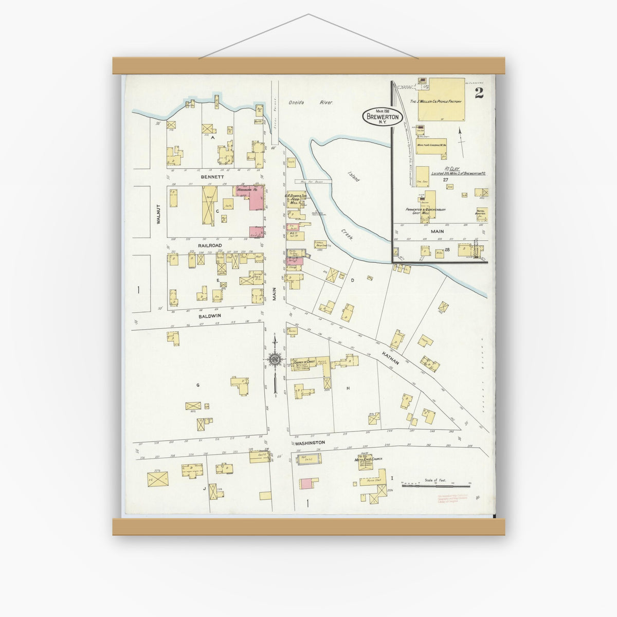 Old map wall art mockup — magnetic wood frame on white wall — Sanborn Fire Insurance Map from Brewerton, Onondaga County, New York (1911), Sheet #0002