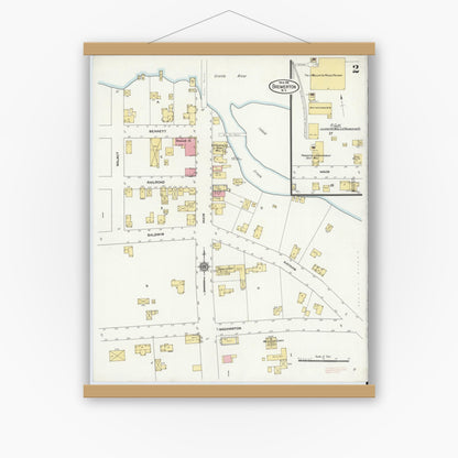 Old map wall art mockup — magnetic wood frame on white wall — Sanborn Fire Insurance Map from Brewerton, Onondaga County, New York (1911), Sheet #0002