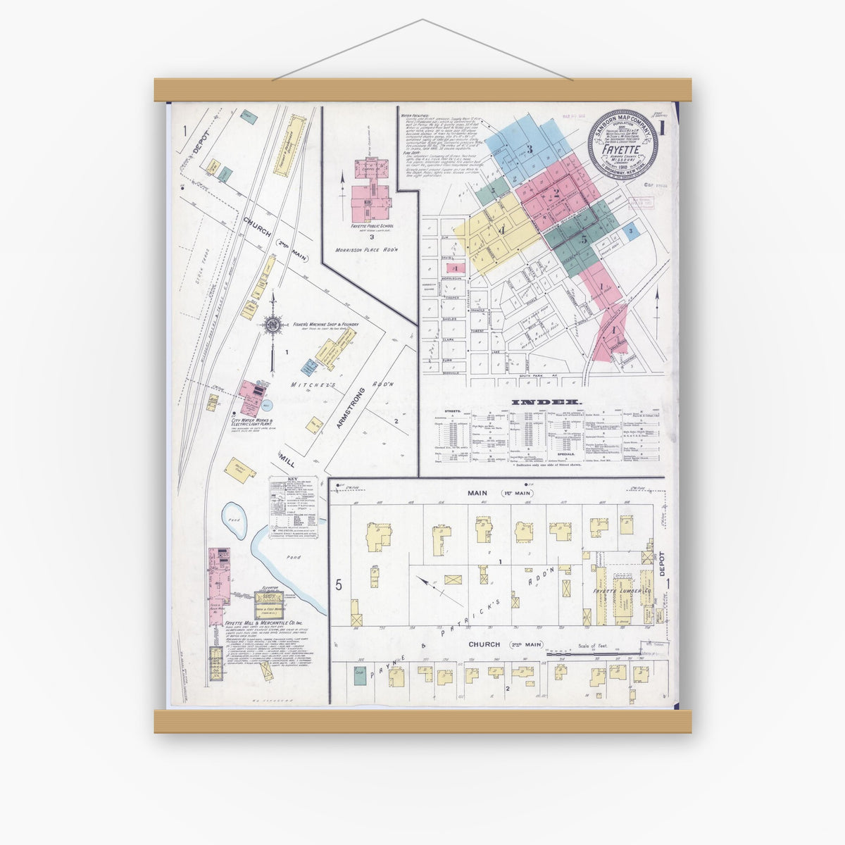 Old map wall art mockup — magnetic wood frame on white wall — Sanborn Fire Insurance Map from Fayette, Howard County, Missouri (1910) - Complete Map Set